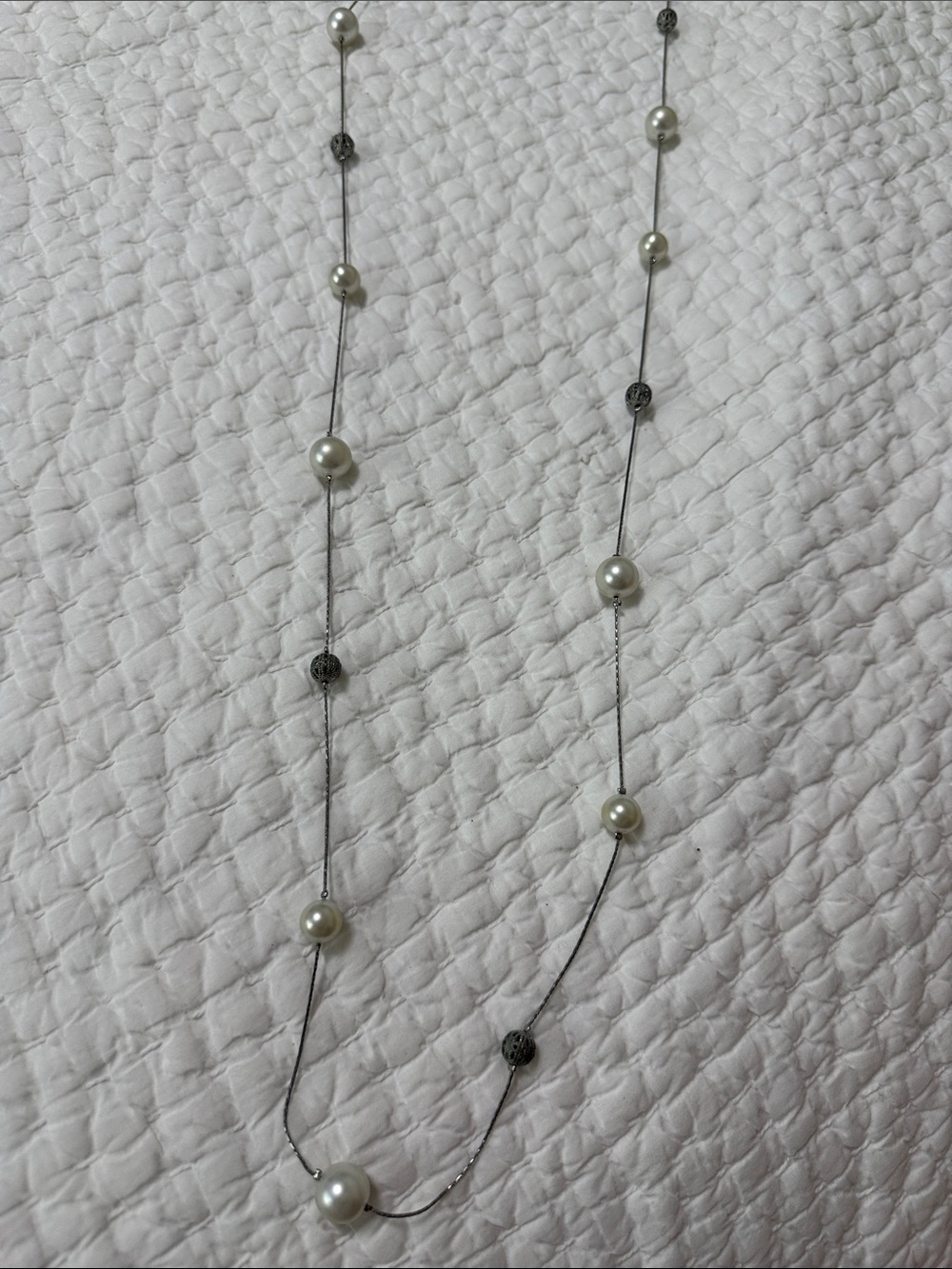 Elegant Pearl Station Long Necklace - White Pearls on Silver Chain